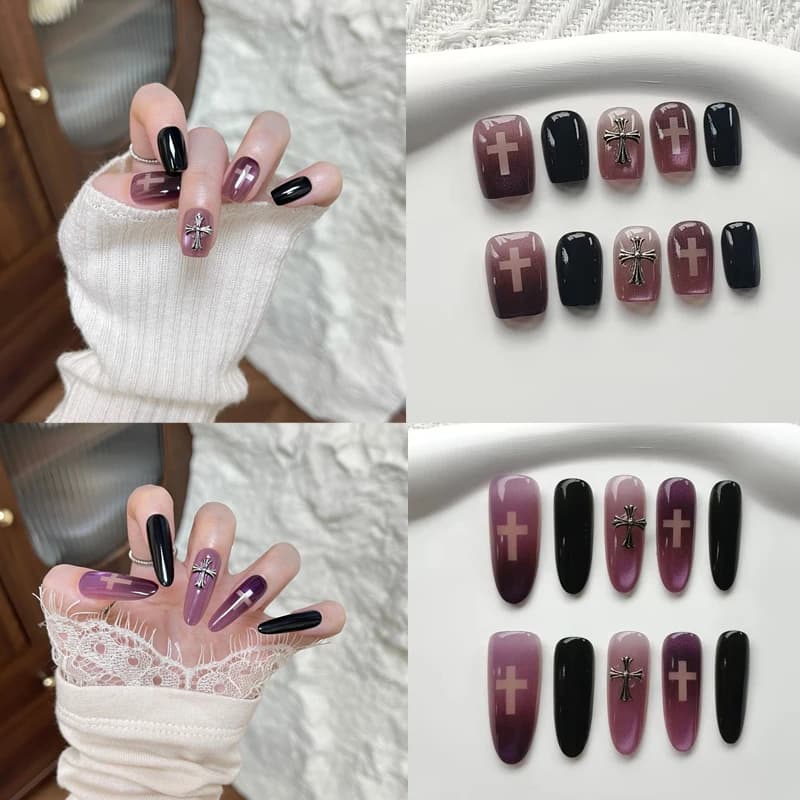 10 Fine Nail Parts with Heart Dark and Cross, Nail Art Stickers, Fine Nails Removable Elegant and Versatile