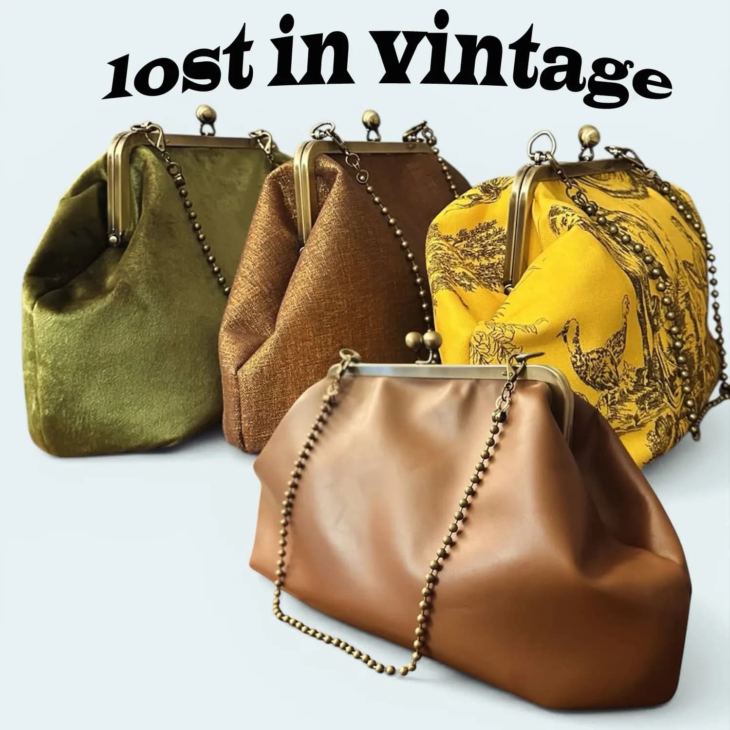 Borsa da sera grande in pelle artificiale vintage con chiusura a scatto in bronzo e sfere, 44x21x15cm