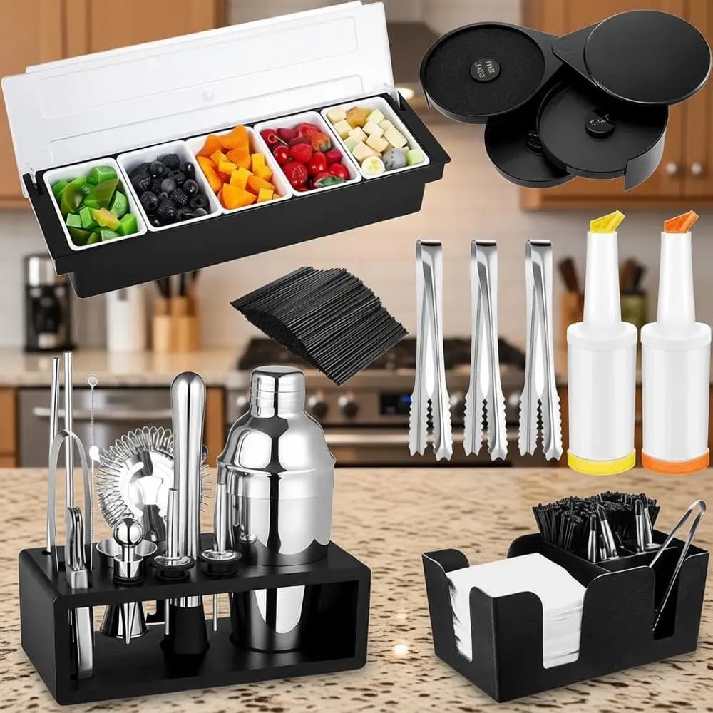 Kit da Barman 23 Pezzi con Vassoio per Guarnizioni a 3 Livelli, Set Shaker per Cocktail 13 Pezzi e Accessori per Principianti