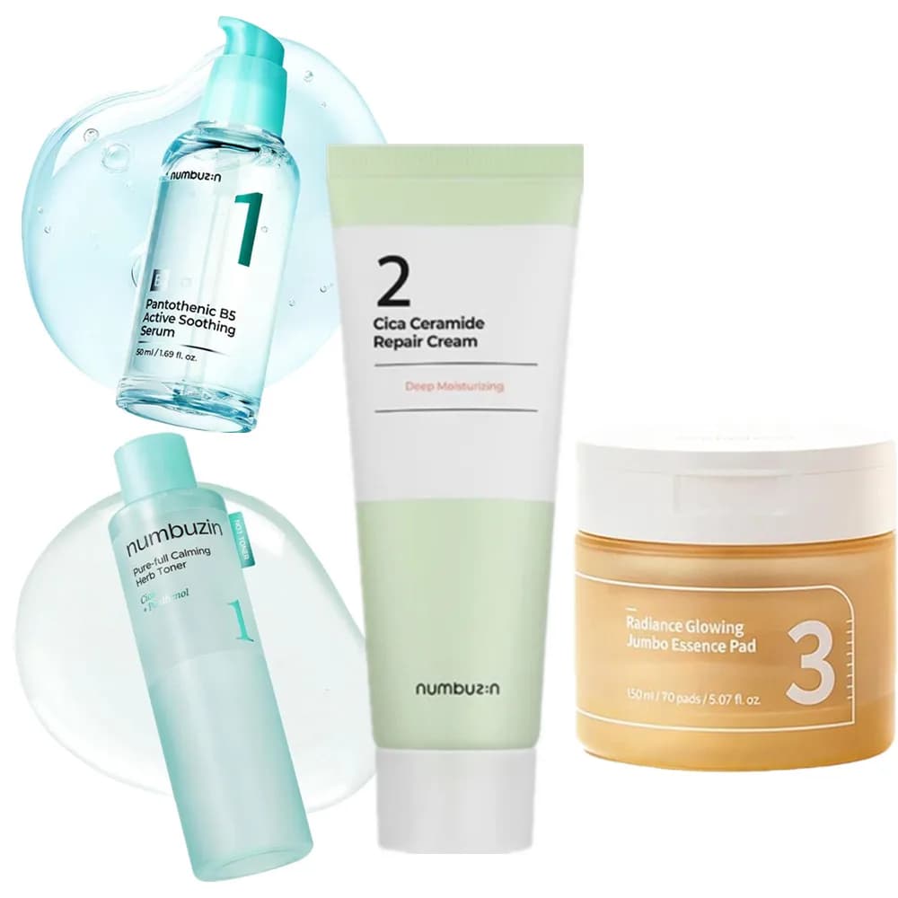 numbuz:n Set Lenitivo per la Cura del Viso: Crema alla Centella Asiatica, Siero Lenitivo B5, Tonico, Essenza Illuminante, Dischetti di Cotone per Tutti i Tipi di Pelle