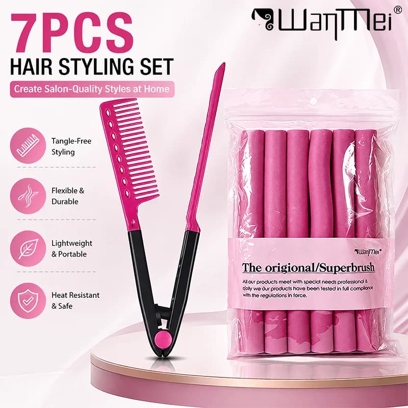 7pcs Heatless Hair Curler Kit V-shape Straight Hair Comb with Flexible Curling Rods Hair Straightener Rollers Hair Styling Tools