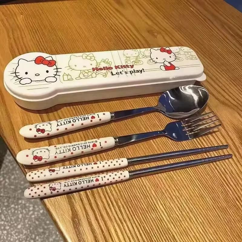 Hello Kitty Cartoon Cute High Appearance Chopsticks Spoon Set Stainless Steel Office Worker Portable Tableware