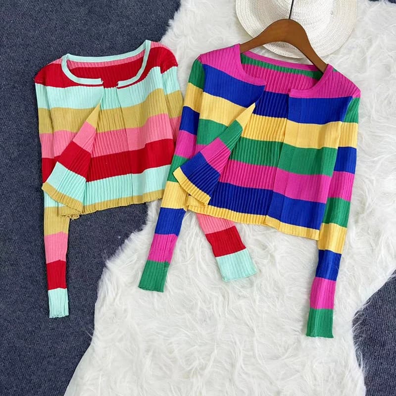 Cardigan lavorato a maglia arcobaleno donna estate sottile protezione solare maglieria con lacci top donna stile coreano manica lunga cappotto corto