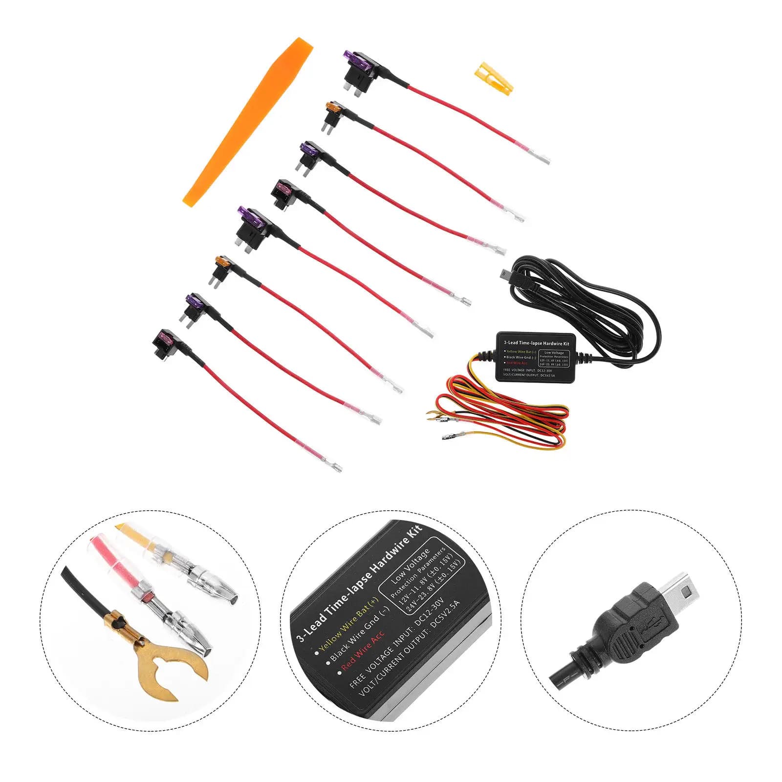 Kit di cablaggio per dash cam 12V-24V a 5V, cavo adattatore di alimentazione per monitor di parcheggio, registrazione time-lapse, auto, camion, cablaggio USB-C con fusibile