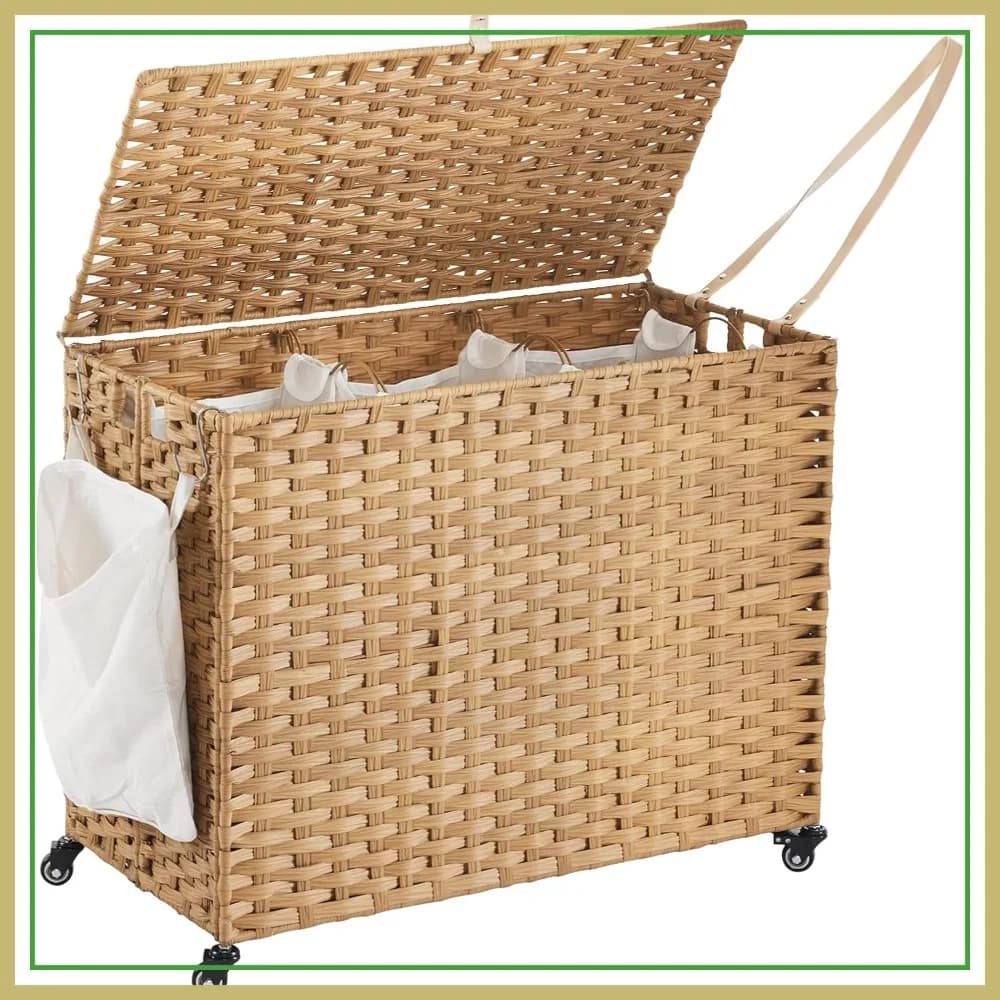 Cesto Portabiancheria con Ruote da 52,8 Galloni, Contenitore in Rattan a 3 Scomparti con Coperchio, Sacchi e Tasca Laterale