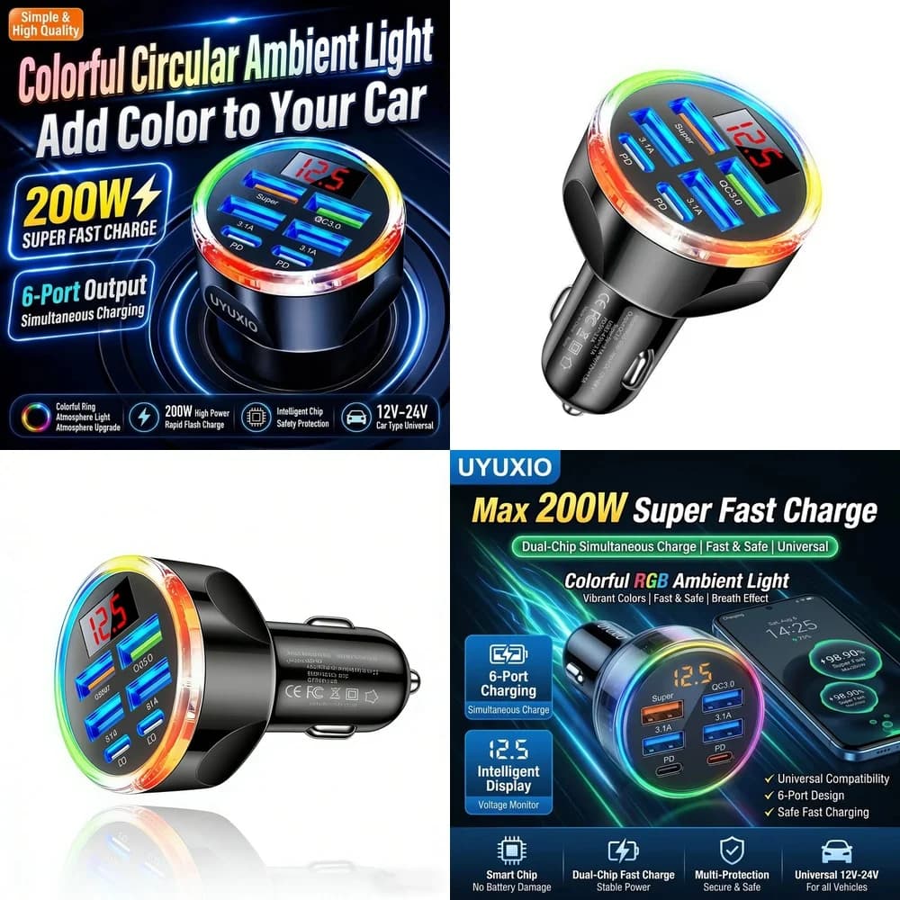 6 in 1 Fast Car Charger Adapter New Products 2026 for iPhone 18 17 16 Samsung S26 S25 S24 with LED Digital Voltage Monitor Hub