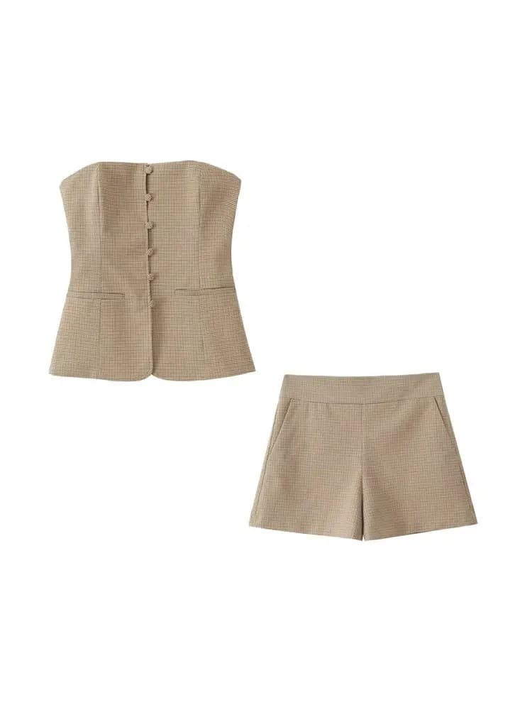 Top bustier senza spalline scozzese sexy da donna e pantaloncini con cerniera laterale a vita alta Set da due pezzi Abito femminile alla moda