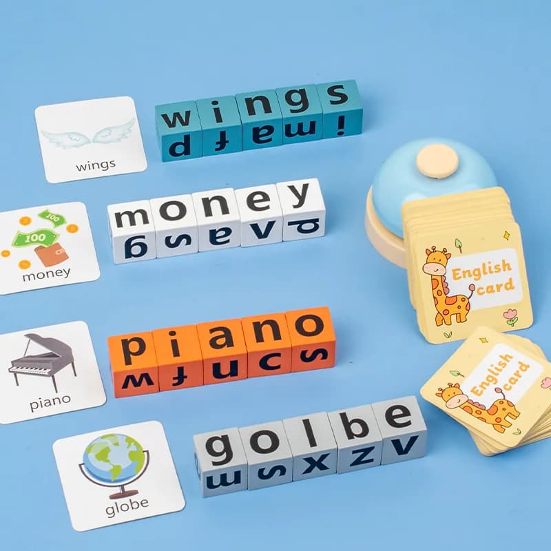 Wooden Word Spelling Game Alphabet Learning Toy Preschool Kids Letter Building Blocks 64 Flash Cards With/Without Bell