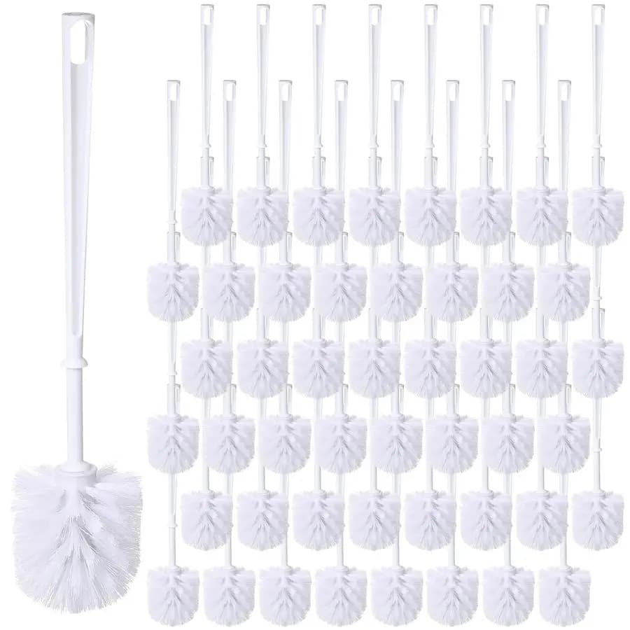 Scopino per WC bianco da 50 pezzi, scopino per WC da bagno, setole morbide con manico lungo in plastica per bagno
