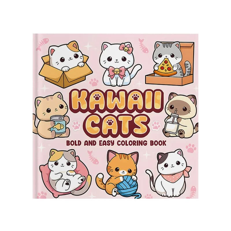 Cute Kawaii Cats Coloring Book Adorable Chubby Kitty Playful Pet Cat Simple Thick Line Pink Girly Cartoon Sketch Notebook