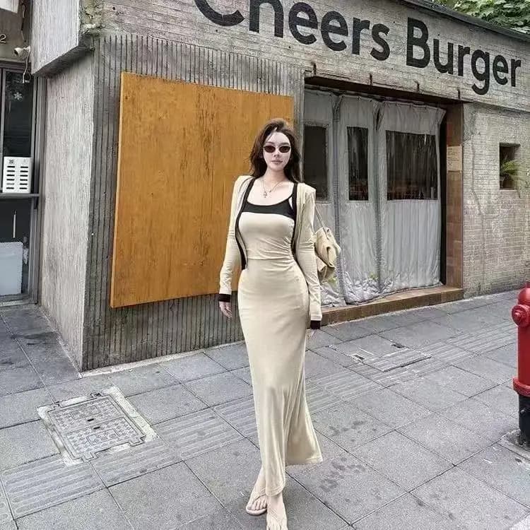 Pure Desire Loose Long Sleeve Open Cardigan Top Women's Slim Strap Dress Two-Piece Set Early Autumn New Style City Walk