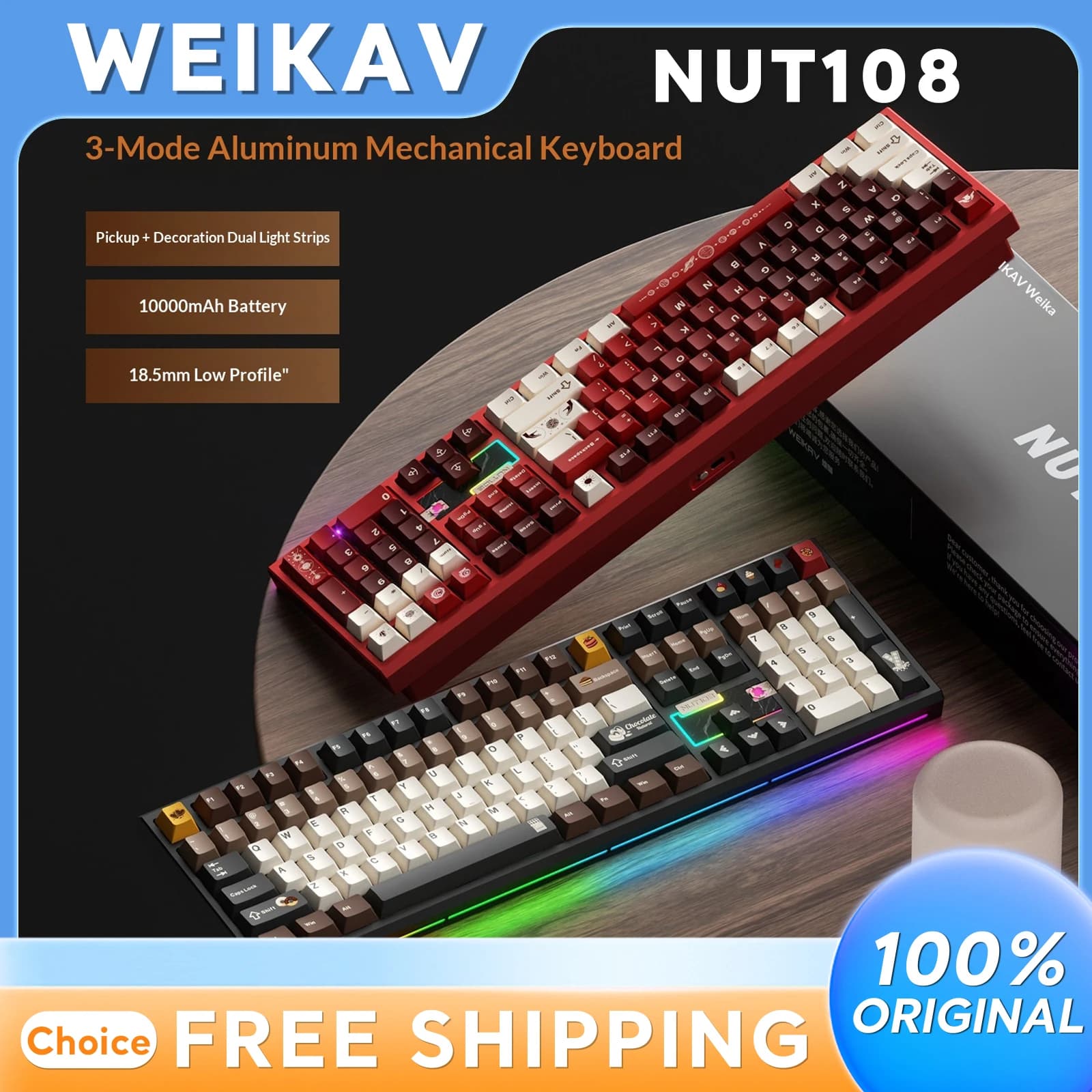 Tastiera Meccanica WEIKAV NUT108 Tri-Mode in Lega di Alluminio, Wireless 2.4G Bluetooth, 104 Tasti, 10000mAh, Retroilluminazione RGB per Ufficio e Gaming