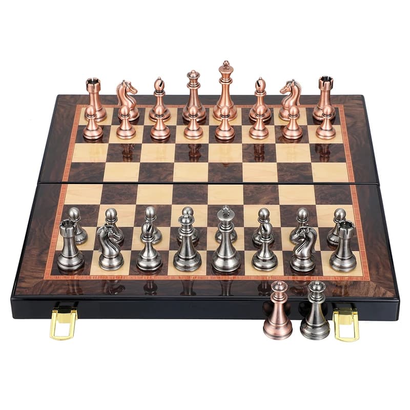 Set di scacchi in metallo di alta gamma, scacchiera pieghevole da 38 cm/15 pollici, pezzi degli scacchi in lega di zinco laccata, inclusi 2 regine extra.