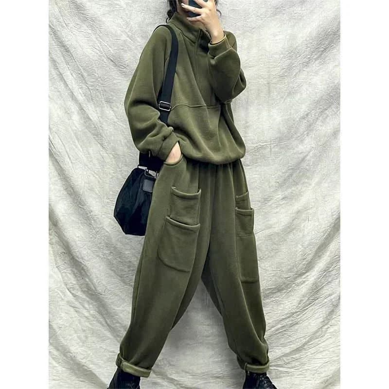 Set di pantaloni in cotone felpato Felpe con cappuccio a maniche lunghe casual tinta unita Pantaloni Harem in vita elastica Set di due pezzi ispessiti in peluche Abiti da donna