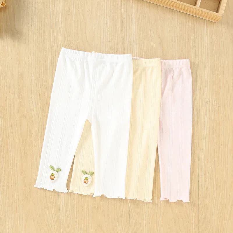 Leggings Estivi in Cotone per Bambina con Applicazione a Carota, Pantaloni a Costine a 9/10 con Orlo Arricciato per Bambine, Pantaloni Casual