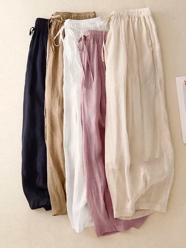Retro Artistic Color Cotton Linen Wide Leg Pants Women Summer Loose Slim Elastic Waist Belted Double Layer Nine Lantern...