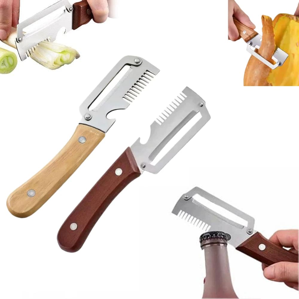 Pelapatate da Cucina in Acciaio Inossidabile con Lama Seghettata e Manico in Legno, Affettatrice Tritatutto per Frutta e Verdura, Apribottiglie, Gadget da Cucina