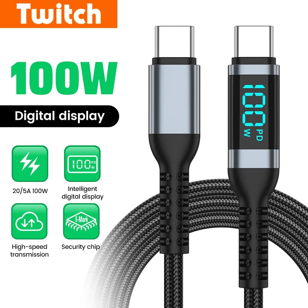 Cavo USB-C a USB-C da 100W per ricarica rapida, 0,5M/1,2M/2M, con display digitale, per iPhone 15, Xiaomi, Samsung, laptop, cavo dati USB-C