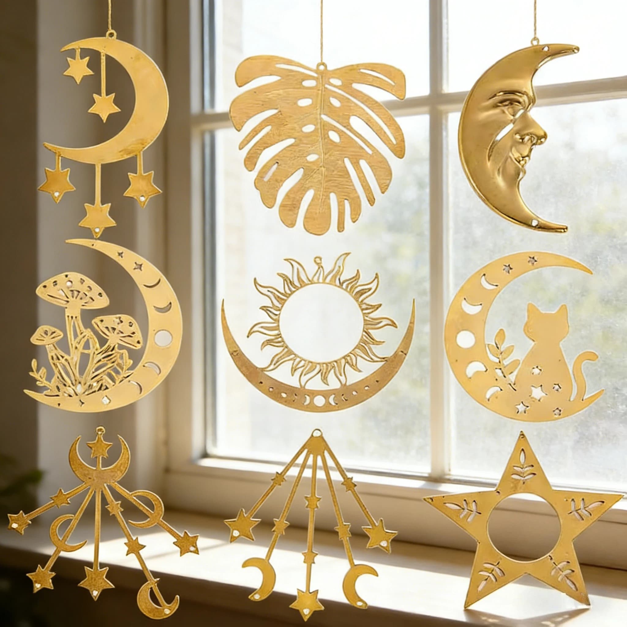 2pcs DIY Crystal Suncatcher Making Supplies Brass Star Moon Phase Pendant Connector Wind Chimes Parts Hanging Decor Accessories
