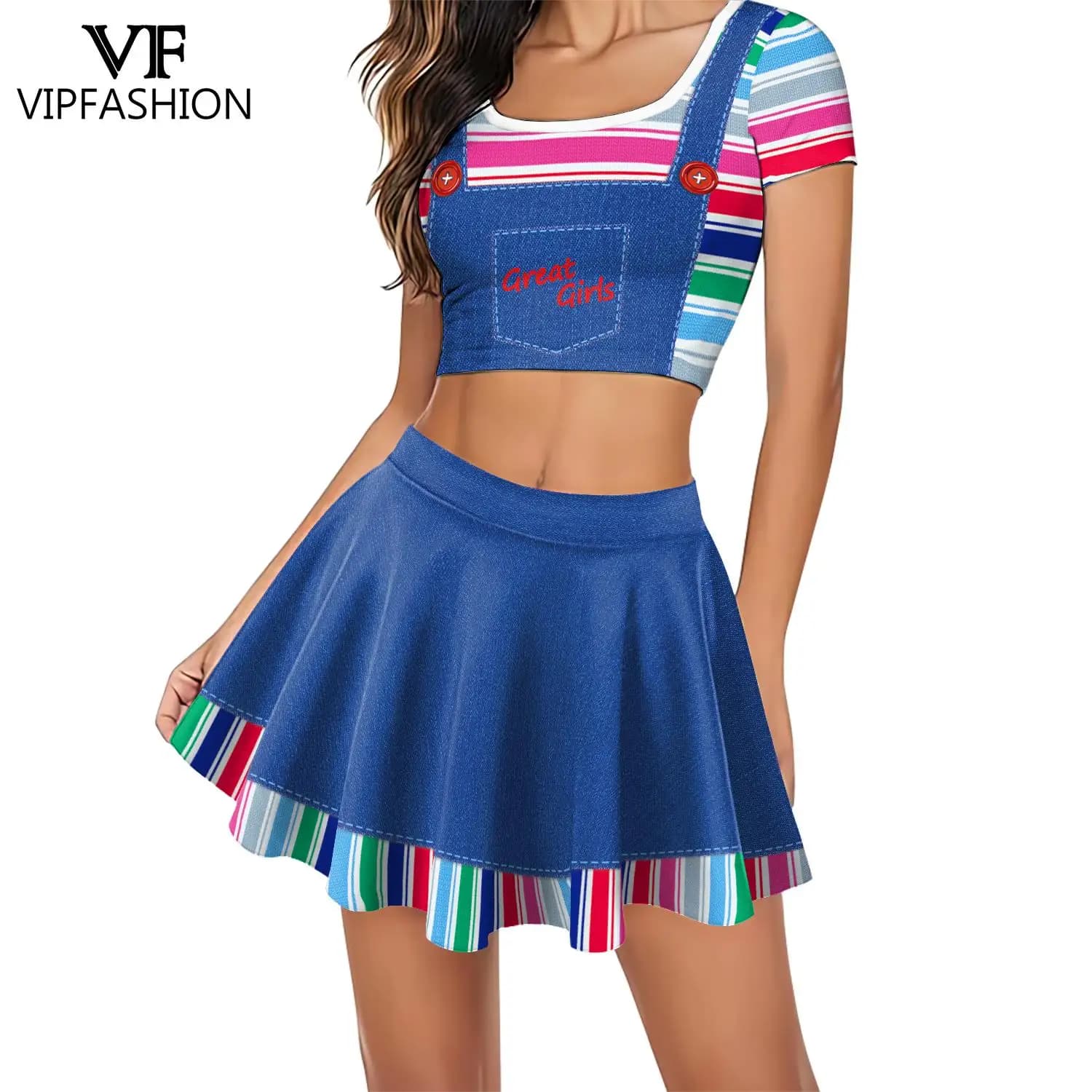 VIP FASHION Donna Halloween Chucky Costume Cosplay Denim Gonna con stampa generale Canotta a righe Set Ragazza Cheerleader Party Outfit