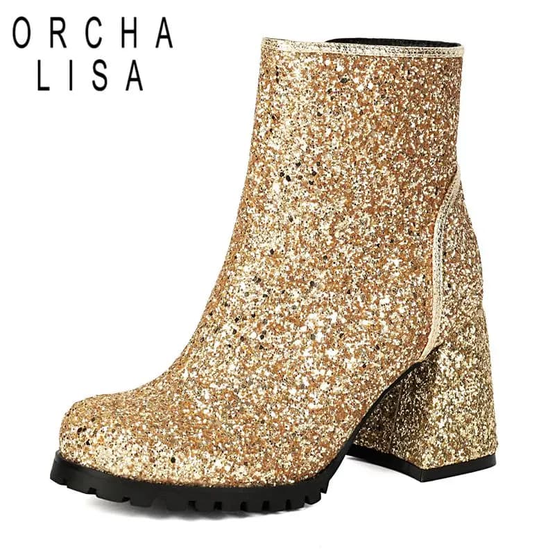 ORCHALISA Designer Sparkle Ladies Ankle Footwear Round Toe Stack Heel 8.5cm Zipper Extended Sizes 46 47 48 Dating Shoes