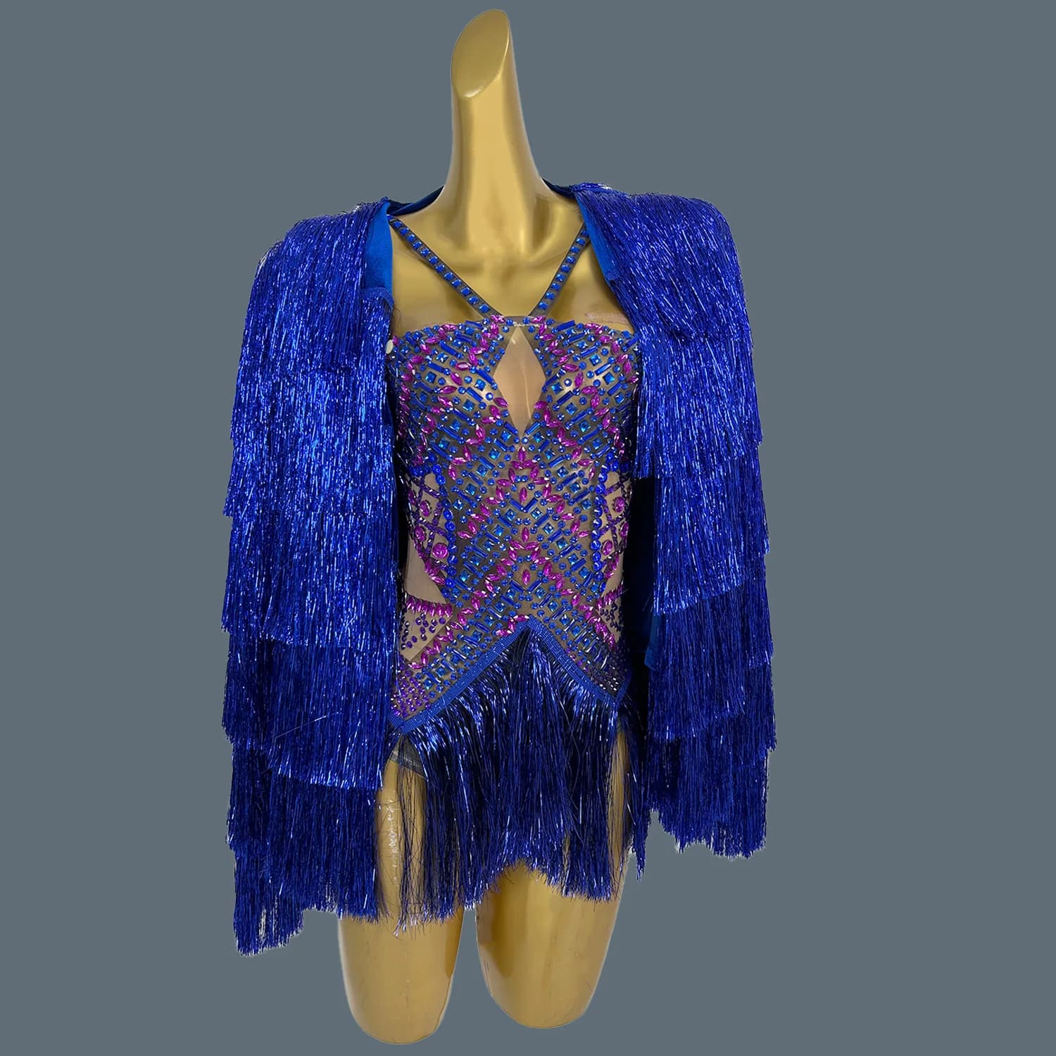Sparkly Rhinestones Tassel Bodysuit Coat 2Pieces Set Women Sexy Performance Dance Costume Stage Wear Nightclub Outfit Tangfeng