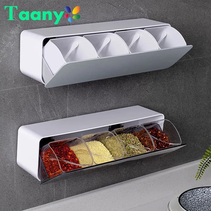 Combinazione di scatole per spezie pieghevoli a parete Set di dispositivi da cucina a quattro griglie Contenitore multiplo in plastica per strumenti di condimento