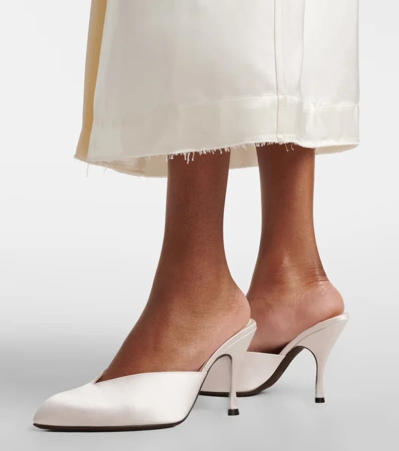 New Women Satin Mule Heels V Cutout Vamp Point Toe Backless Slides Unique Curved Shaft Stiletto Elegant Women