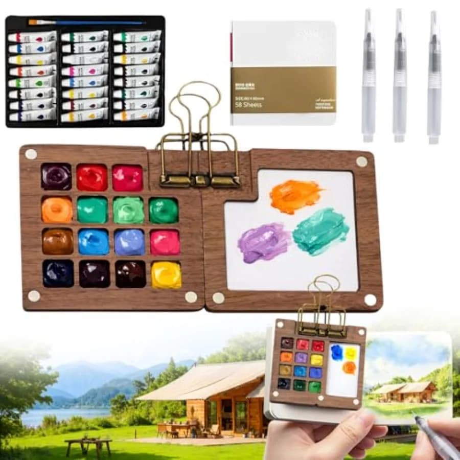 Mini Watercolor Travel Paint Set, Travel Watercolor Kit, Portable Artist Palette Sets with, 3 Pens, Brush, Sketchbook, Binder C