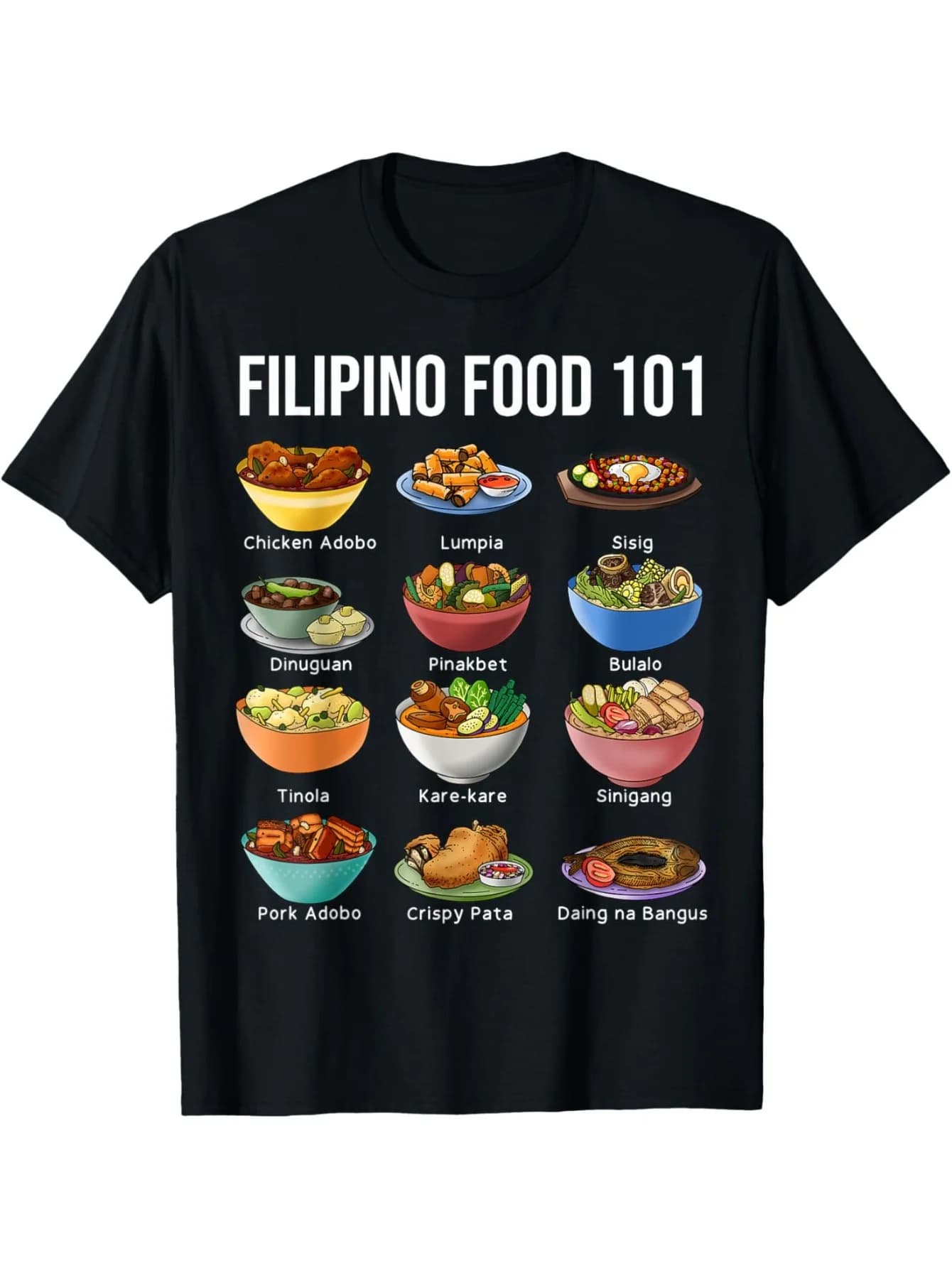 T-shirt grafica Filipino Food 101, girocollo casual, maglietta in misto cotone con elastico medio, con stampa popolare di piatti filippini