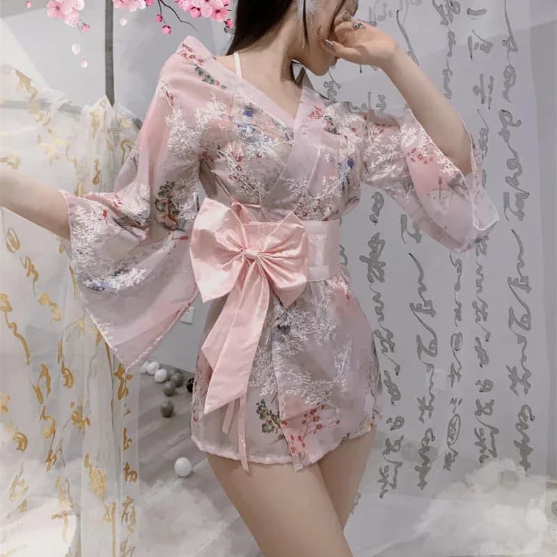 Sexy Embroidery Sakura Kimono Japanese Clothes Seductive Pink Blue Classical See-Through Robe Passion Bathrobe Belt Pajamas NM34