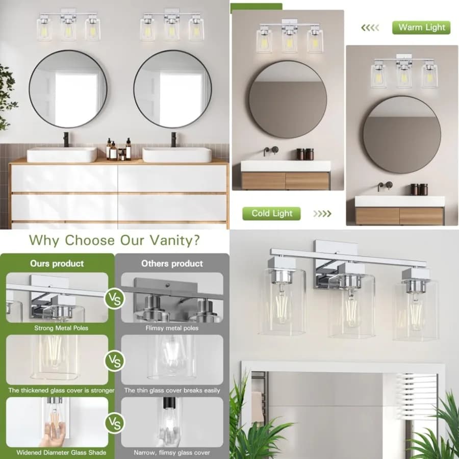 Lampada da Bagno - Illuminazione per Bagno dal Design Quadrato e Certificazione UL, Apparecchi di Illuminazione Sopra Specchio, Lampada Moderna per Vanità