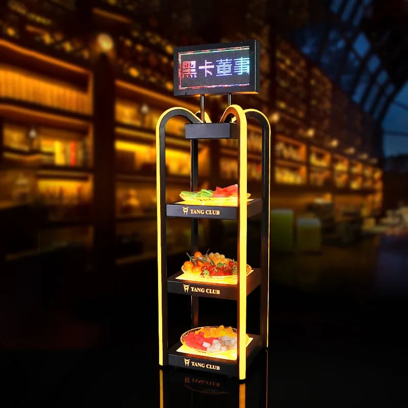 Bar luminoso piatto di frutta in ferro battuto schermo di scorrimento a tre strati a led che carica il pavimento di frutta secca per snack