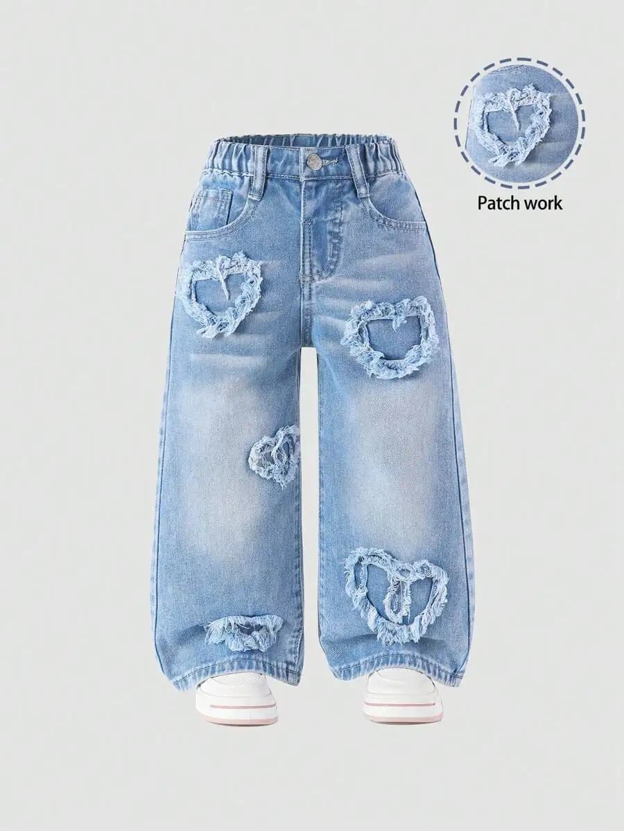 Jeans a gamba larga con patch a cuore effetto invecchiato e lavaggio chiaro per ragazze, pantaloni casual con elastico in vita