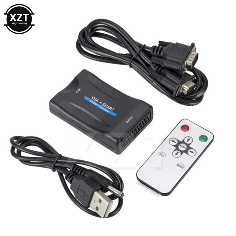 Adattatore convertitore audio video da VGA a SCART con telecomando Cavo di alimentazione CC USB e cavi VGA Supporta NTSC PAL SECAM per TV