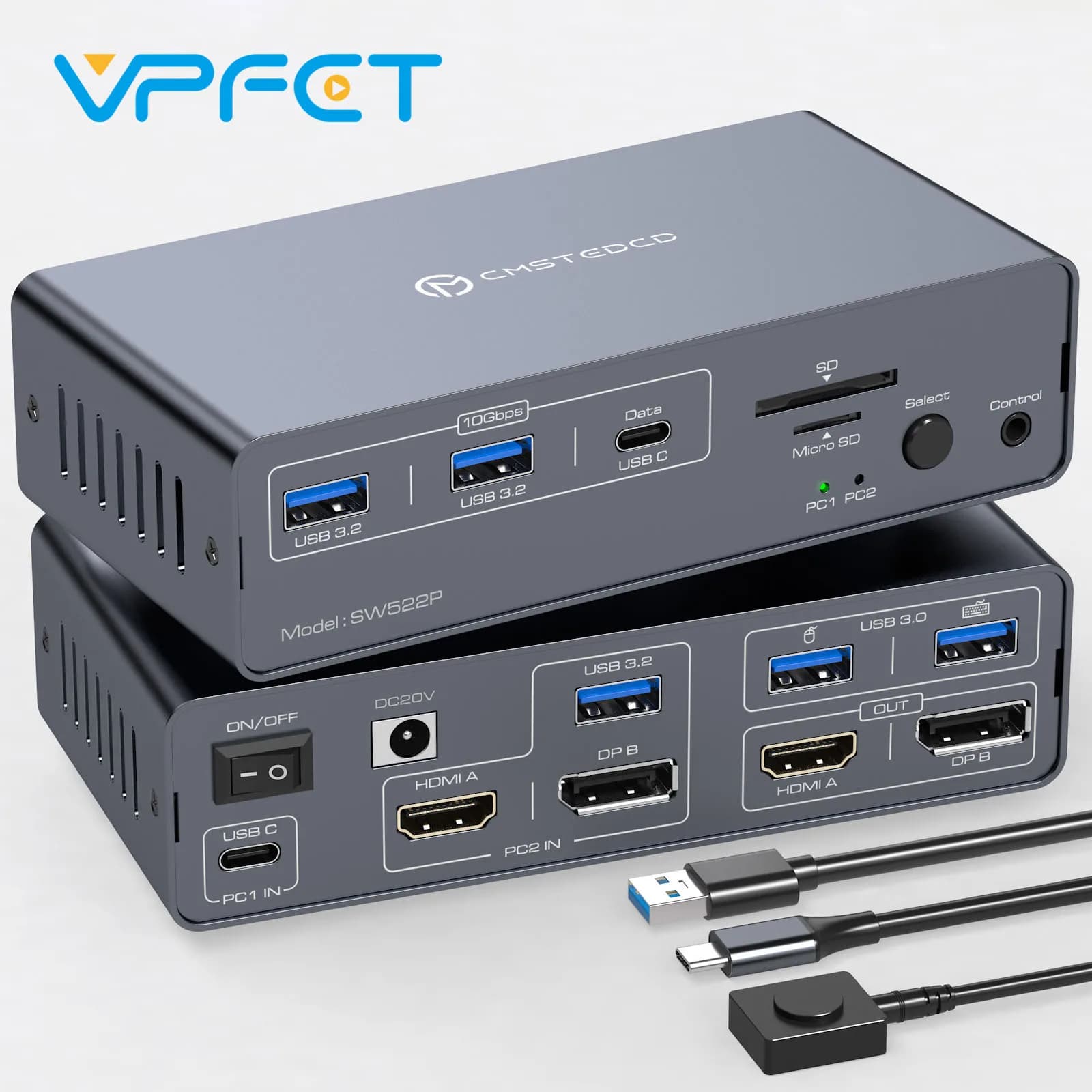 KVM 2 monitor Docking station USB C for 2 PCs with HDMI 4K@60Hz DP 4K@120Hz USB 3.2 Supports up to PD 100W charging