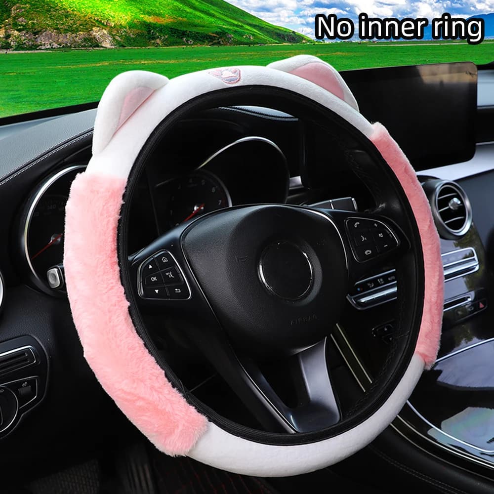 Coprivolante con orecchie di gatto carino, morbido peluche invernale, accessorio per auto a mano calda senza anello interno, adatto per ruote da 14,5-15 pollici