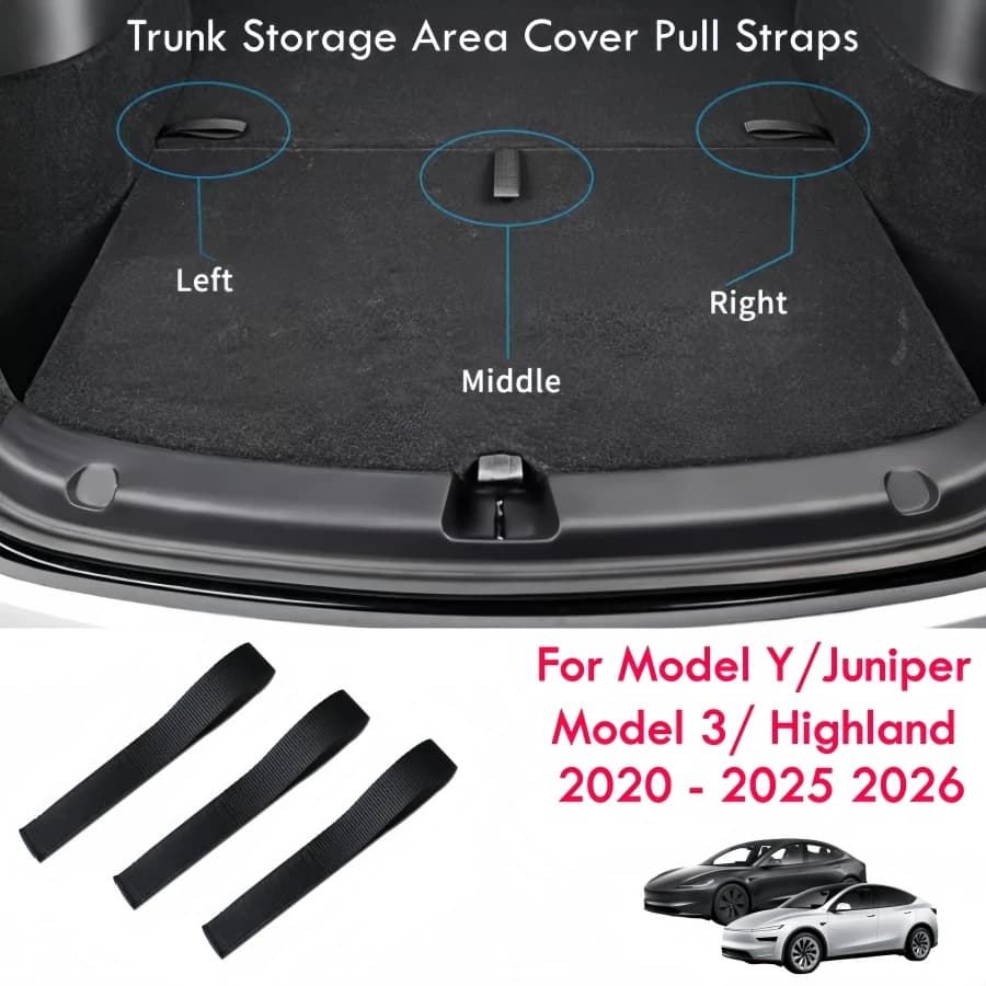 Traction belts for 3 piece luggage storage area cover for Tesla Model Y / Juniper Model 3 / Highland 2020-2026 Black rope strapsInterior