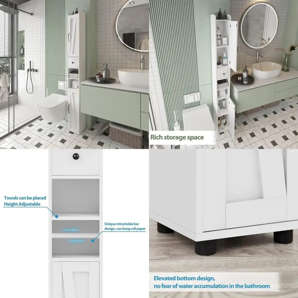 Mobiletto da Bagno Bianco Salvaspazio con Ripiani Regolabili, Armadietto a 2 Ante, Cassetto e Portarotolo per Spazi Ridotti