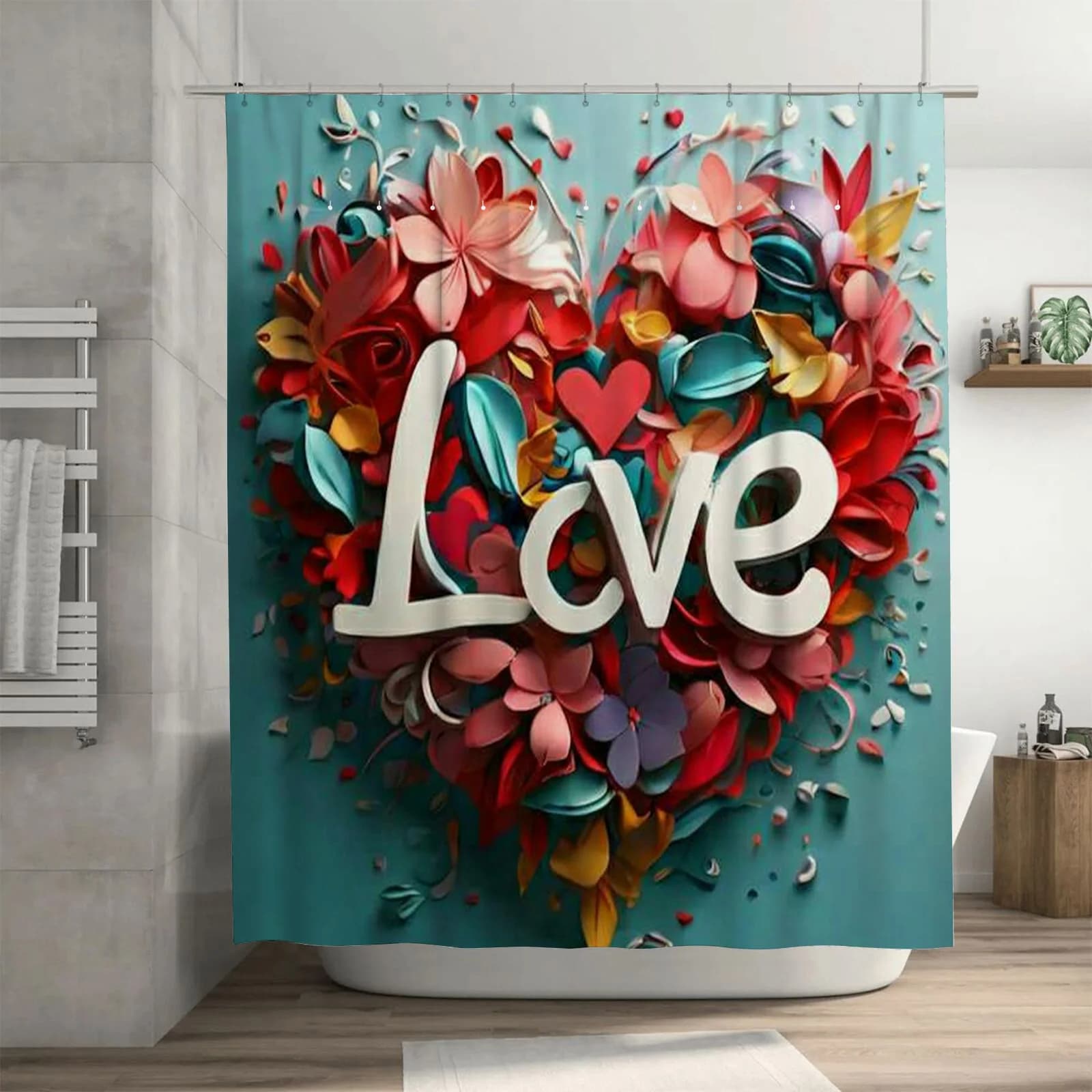 Tenda da doccia 3D 'Love' | Decorazione da bagno colorata e romantica
