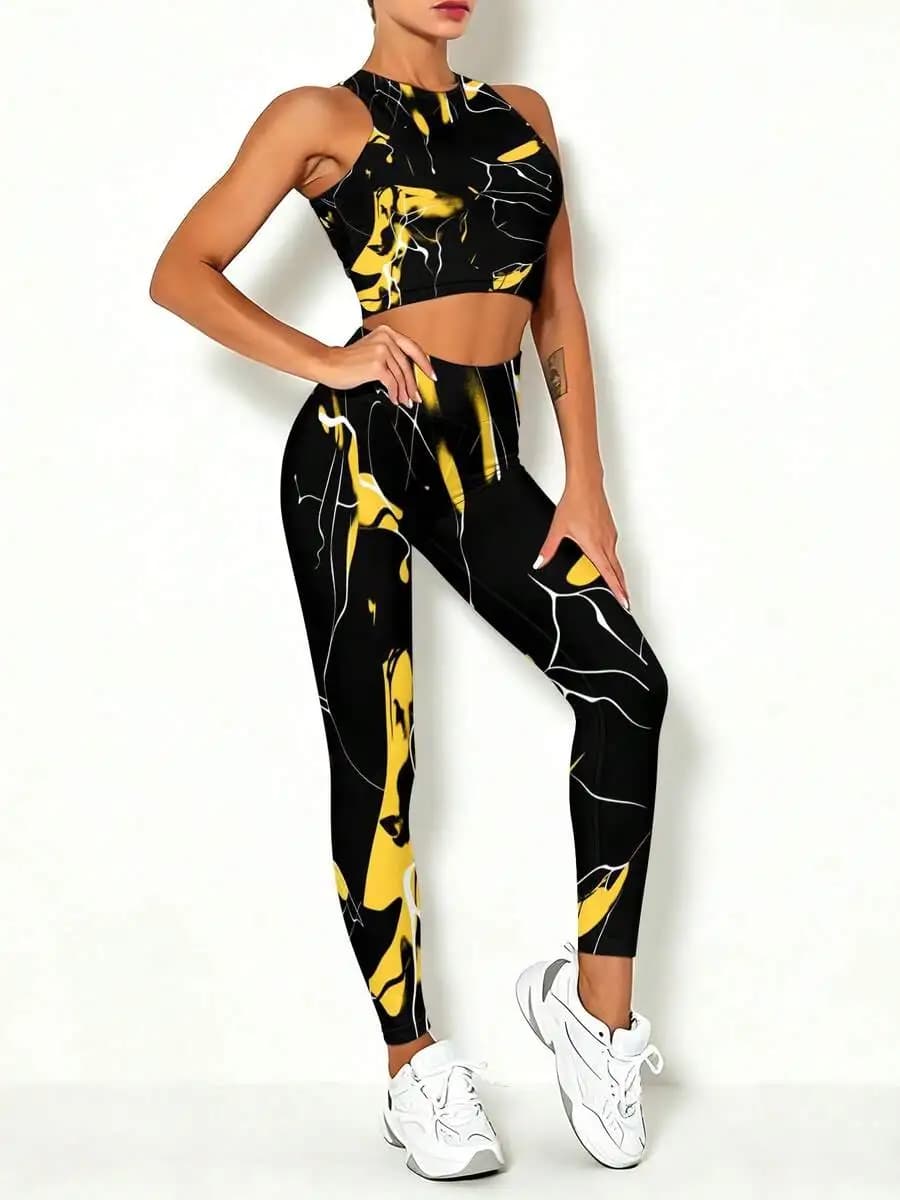 Set da yoga ad asciugatura rapida da donna, gilet sportivo e leggings con stampa astratta nera e gialla
