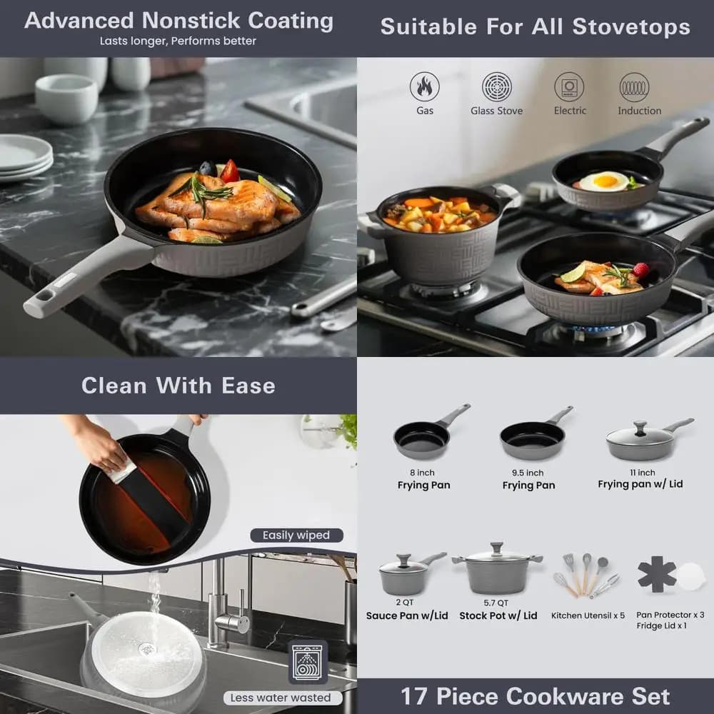 Set of 17-piece non-stick pans - UCCLIFE pots and pans with pan, saucepan, pots, cookware, dishwasher