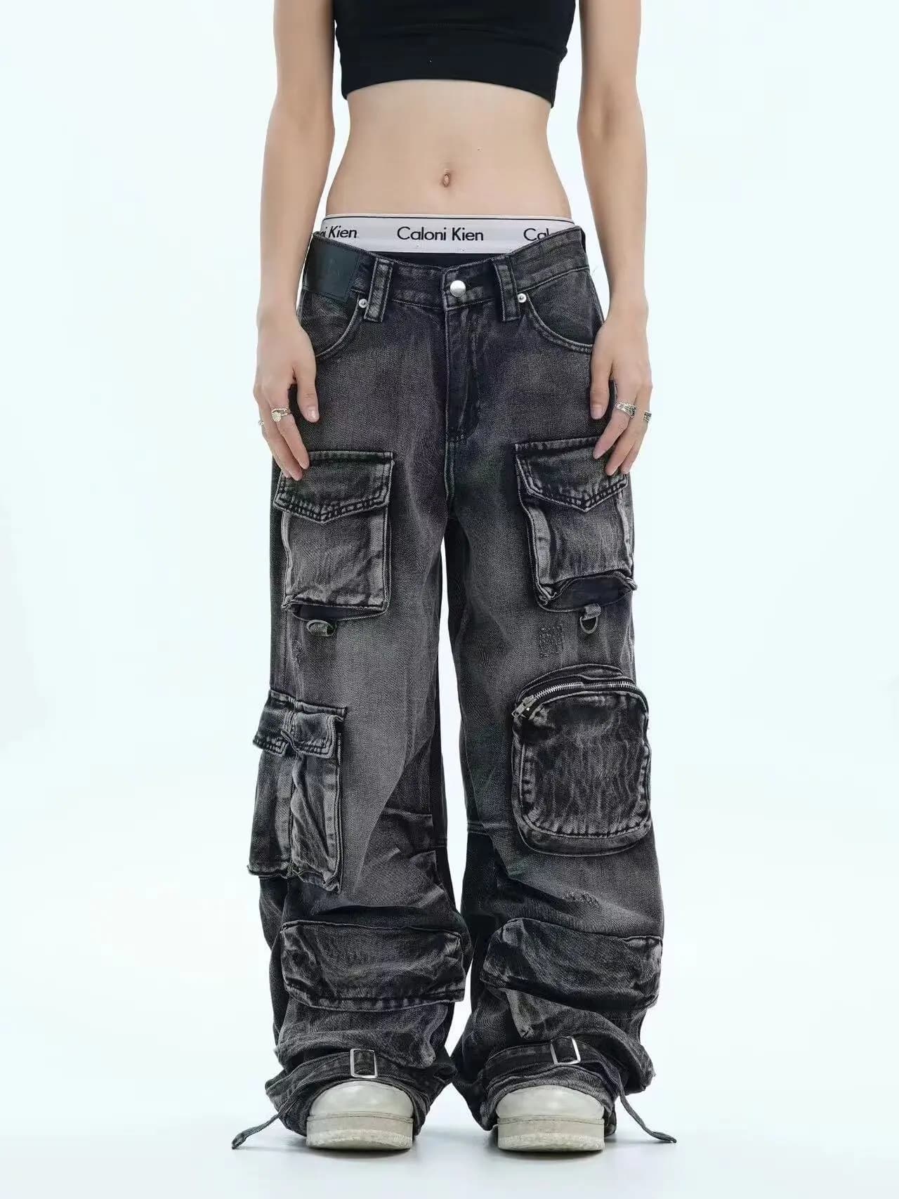 Women's Denim Trousers 2025 Autumn Winter Large Pocket Y2K Baggy Workwear Parachute Pants Jeans High Waist Long Pants
