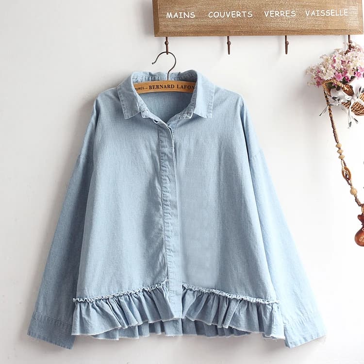 Japanese Sle Loose Long Sve Collar Cotton irt Spring Autumn New Sle Fre Sle Underwear Base Layer Denim irt