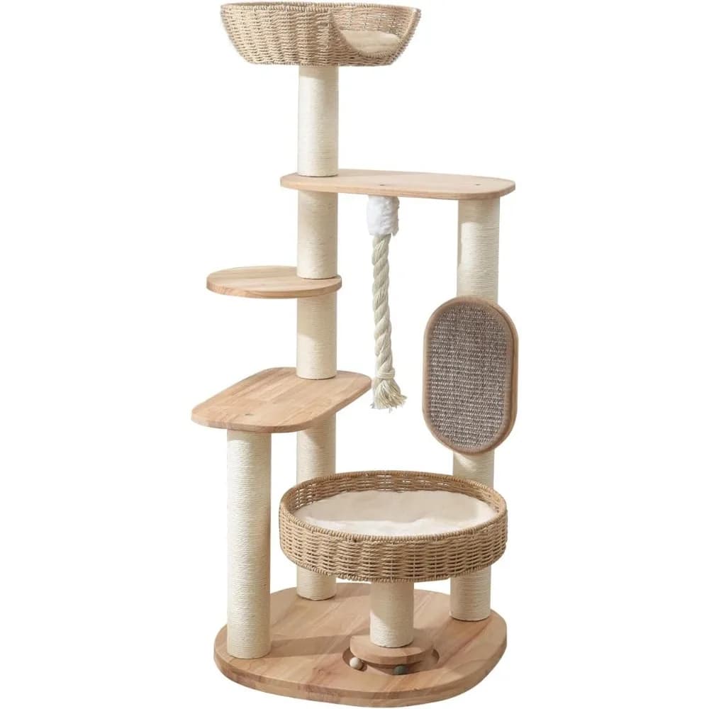 Albero per gatti in legno per gatti di grandi dimensioni, torre per gatti alta 49,6 pollici con tiragraffi per gatti da interni, condo per gatti multilivello con mano-woo