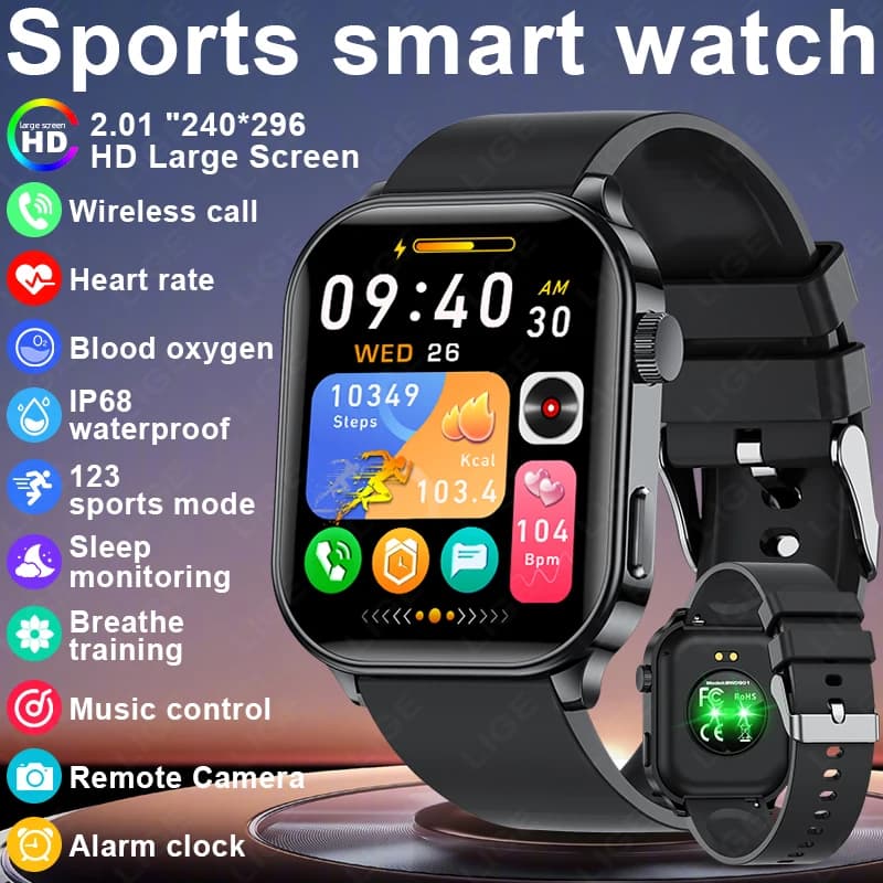 LIGE 2026 Nuovo Smartwatch Sportivo con Chiamata Bluetooth, Monitoraggio Frequenza Cardiaca e Ossigeno nel Sangue, Schermo HD da 2.01", per Uomo e Donna