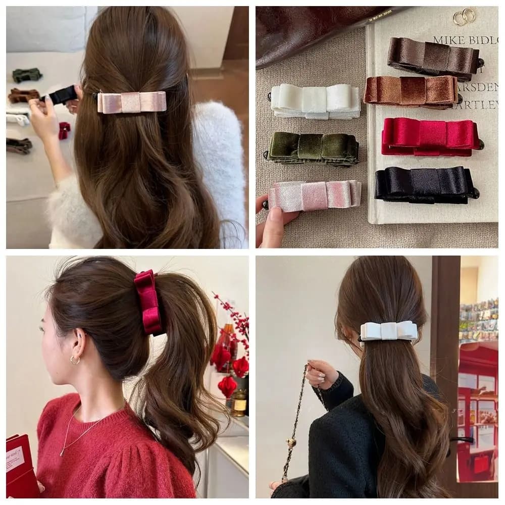 Cloth Red Velvet Bow Hair Clip Black Vintage Bowknot Banana Clip Korean Style Hair Clips Bow Vertical Clip Autumn and Winter