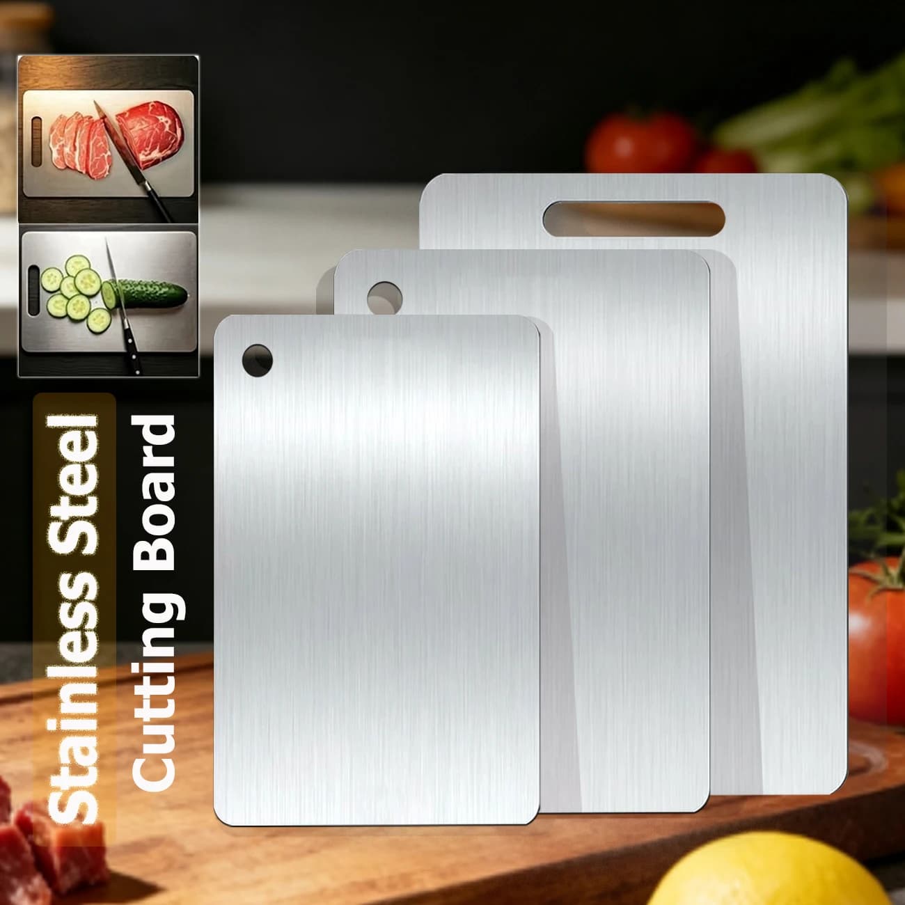 Taglieri in Acciaio Inossidabile Multiuso a Doppia Faccia per Tagliare Carne, Frutta e Verdura, Tagliere di Grado Alimentare
