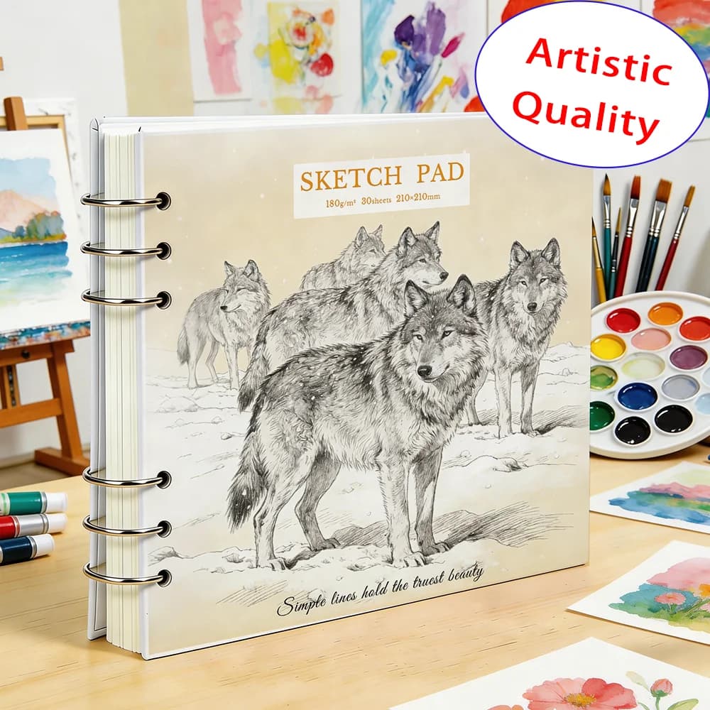 30 Sheets 210x210mm 180GSM Sketch Book, Rough Texture Watercolor Paper, Detachable Metal Ring Binder, Professional Art Drawing S