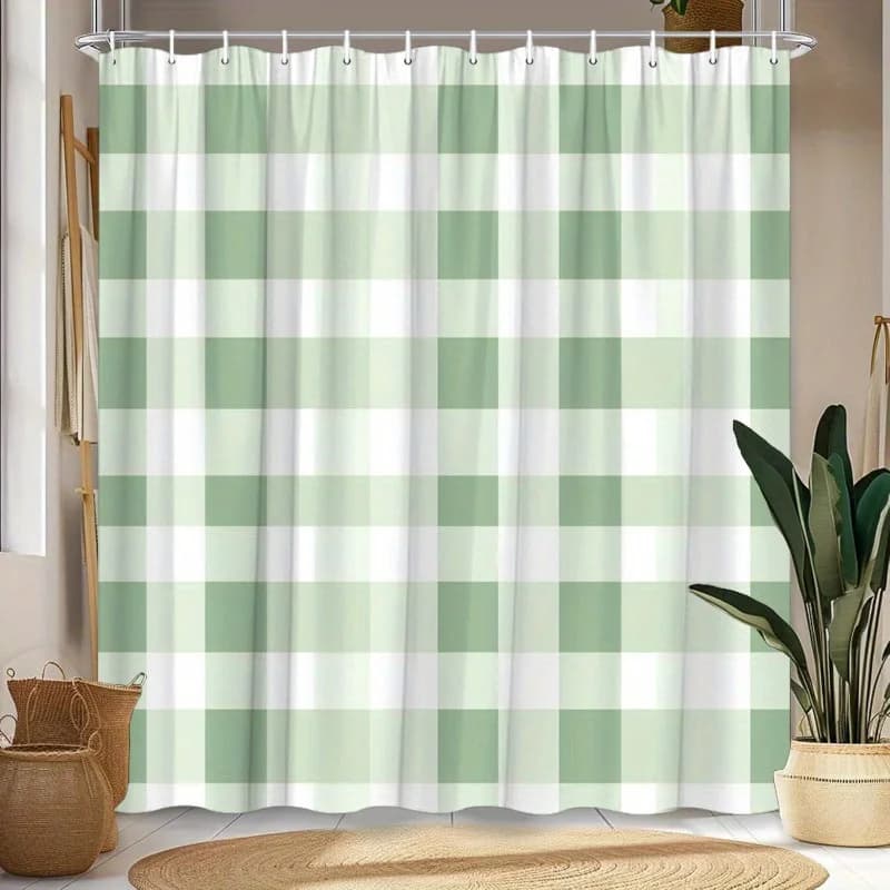 Tenda da doccia a quadretti – Gingham verde chiaro e scuro, stampa piatta 2D, poliestere, con occhielli, 71x71 pollici